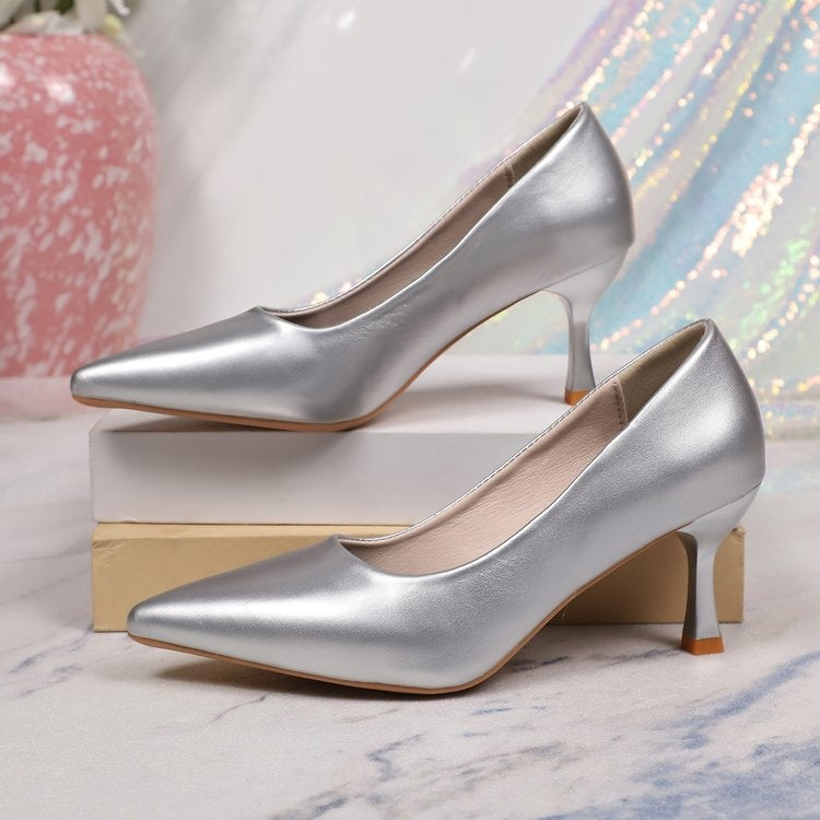 Décolleté con tacco alto a punta in argento per taglie comode da donna, nuovi arrivi primavera, tacco sottile, pumps in vernice, scarpe professionali e per feste di matrimonio