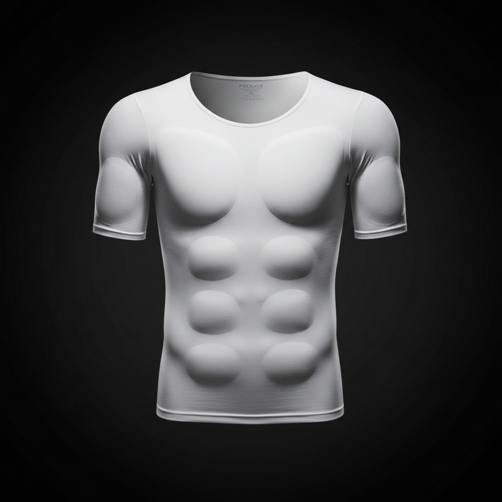 A white short-sleeve athletic compression shirt with a 3D abdominal muscle pump design, displayed on a dark gray gradient background.
