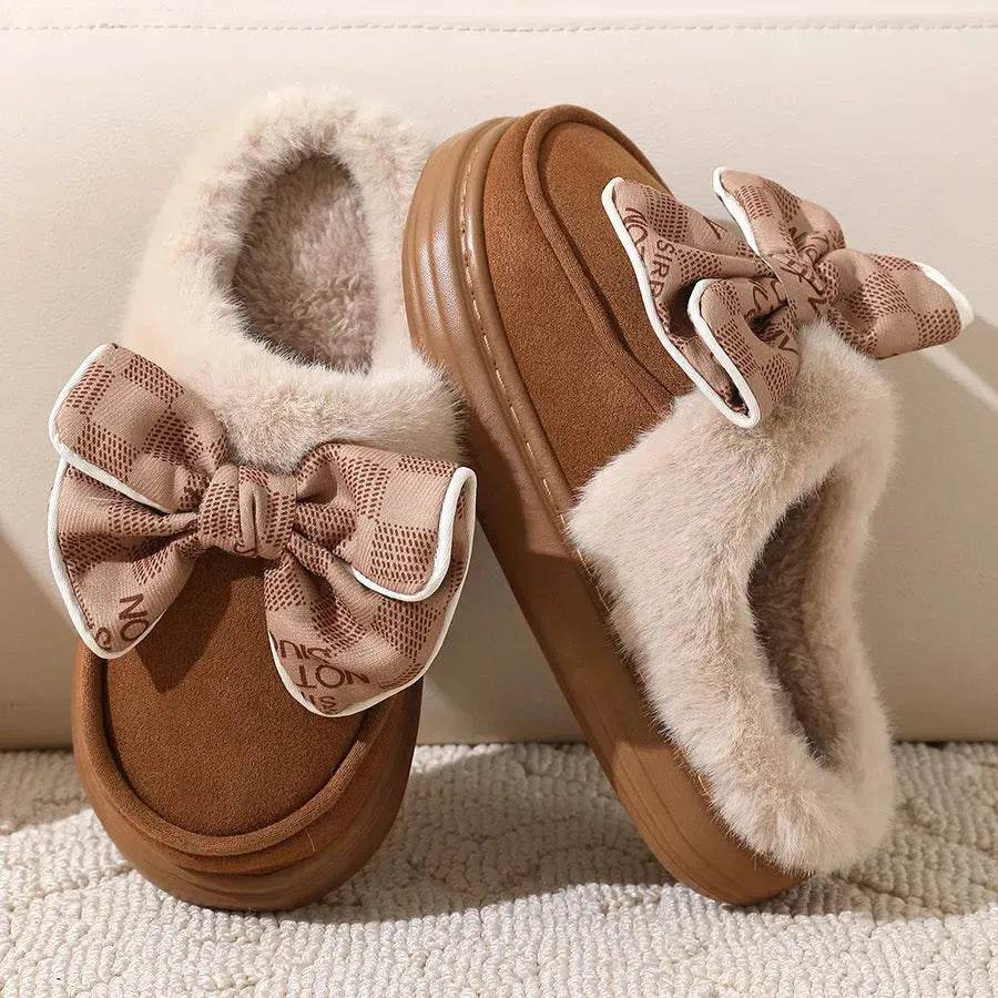 Cute Bowknot Plush Slipper Winter Warm Indoor Floor Bedroom Home Slippers For Women Fashion Thick-soled Solid House Shoes - EX-STOCK Canada