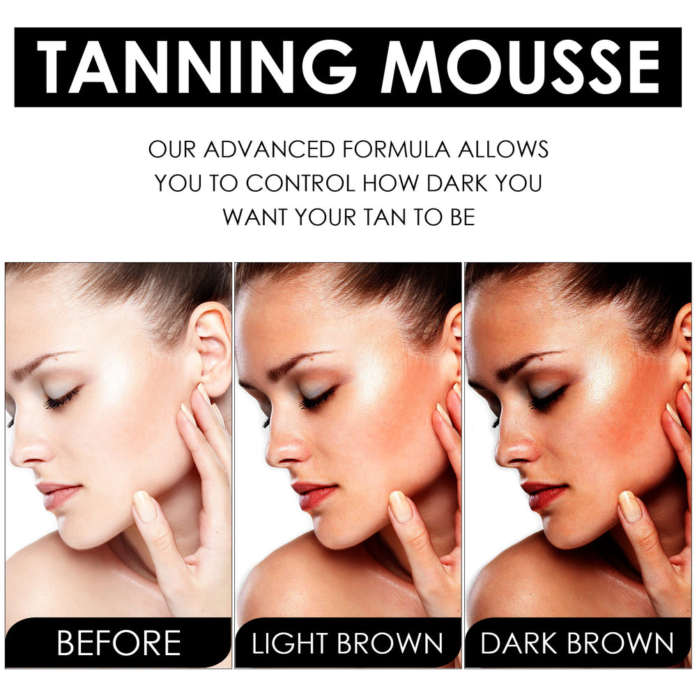 Advertisement for tanning mousse showing a woman's face with 'Before', 'Light Brown', and 'Dark Brown' tans.