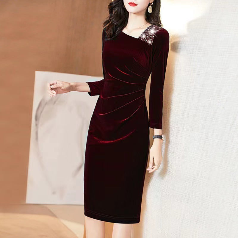 Long-Sleeved Velvet Sheath Skirt with Fleece Lining and Extra Thickness Blue / M