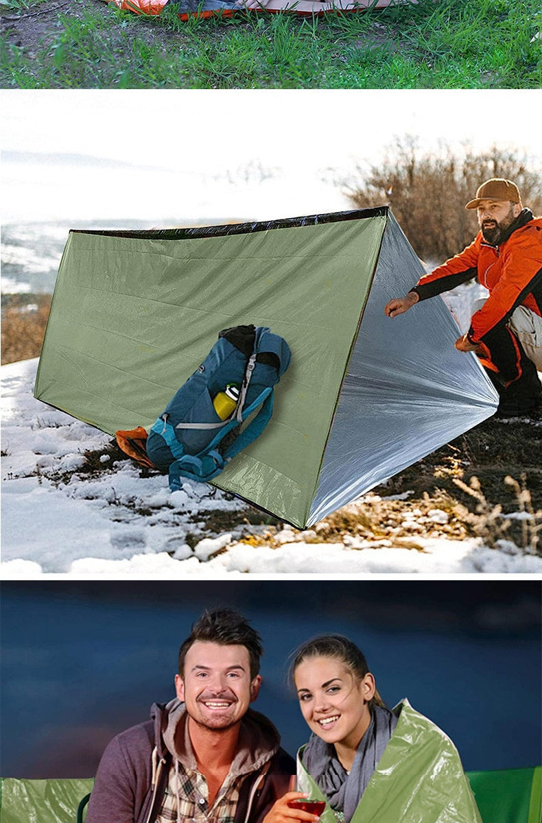 A three-panel collage showing a camping shelter tent. The top panel shows a close-up of the green fabric.
