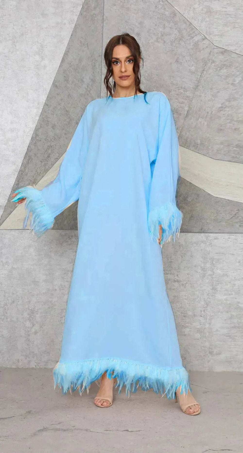 Feather Long Sleeve Middle East Arabic Elegant Round Neck Dress - EX-STOCK Canada
