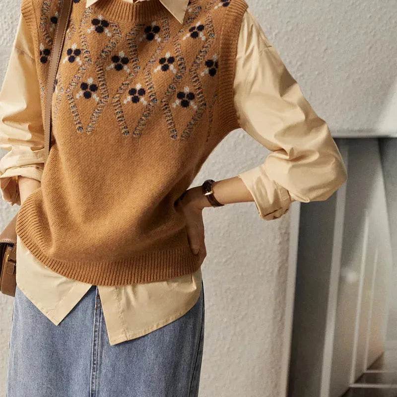 Cashmere Jacquard Sleeveless Round Neck Knitted Sweater Vest for Women - EX-STOCK Canada