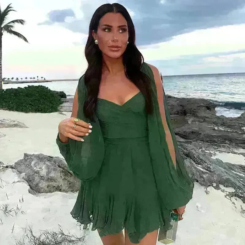 Women's Solid Color Chiffon Slim Fit Short Dress Mini Skater Flared Dress for Chic Ladies - EX-STOCK CANADA
