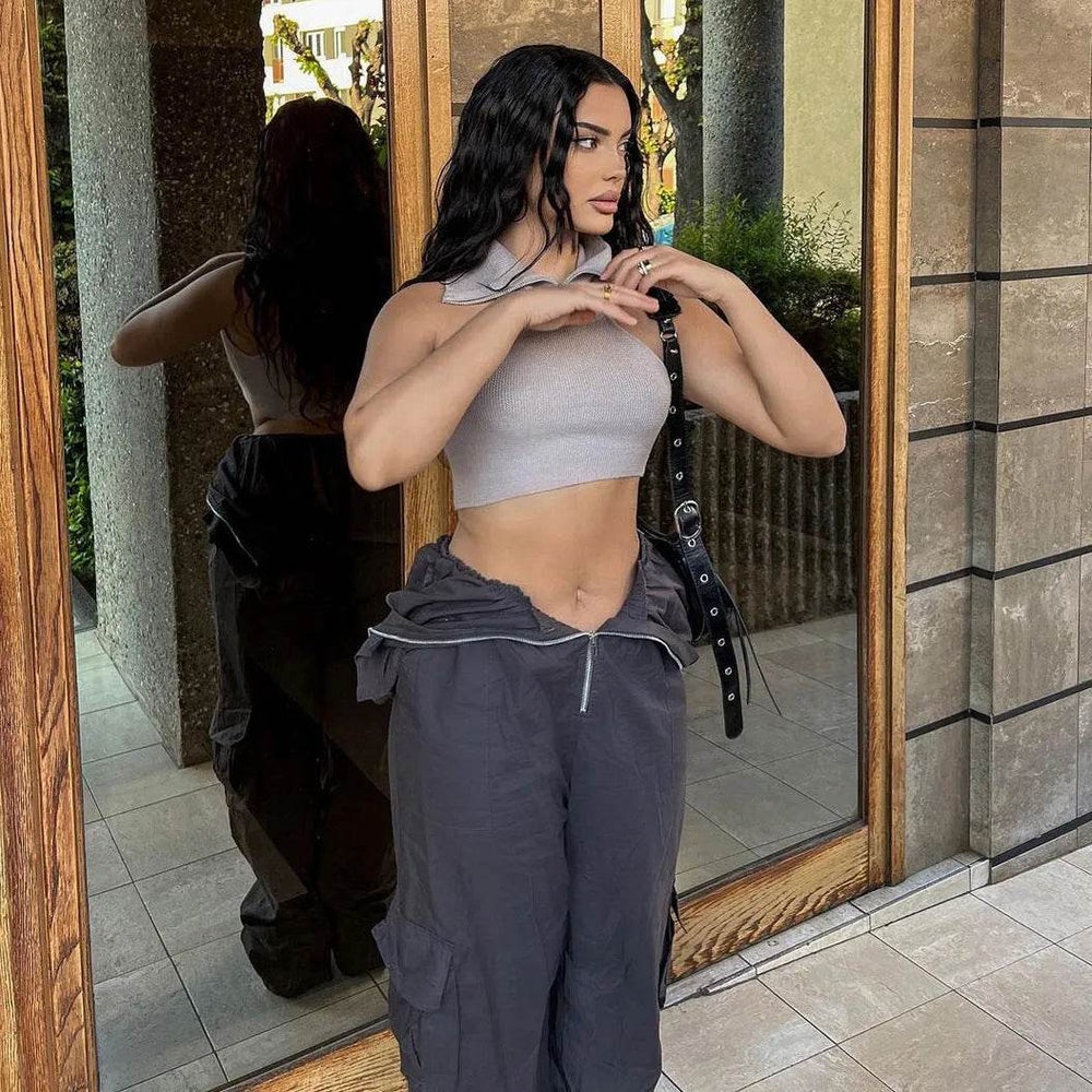 Solid Color High-waisted Zipper V Loose Straight Pocket Street fashion Cargo Pants Women - EX-STOCK Canada