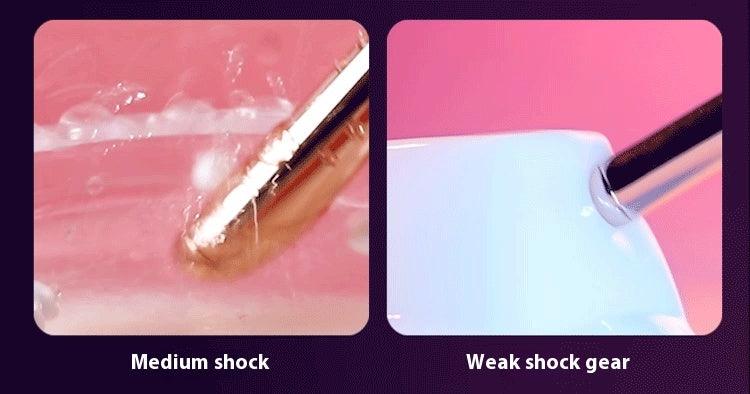 Deux images montrant une comparaison de 'Choc moyen' et 'Réglage choc faible' sur un fond rose.