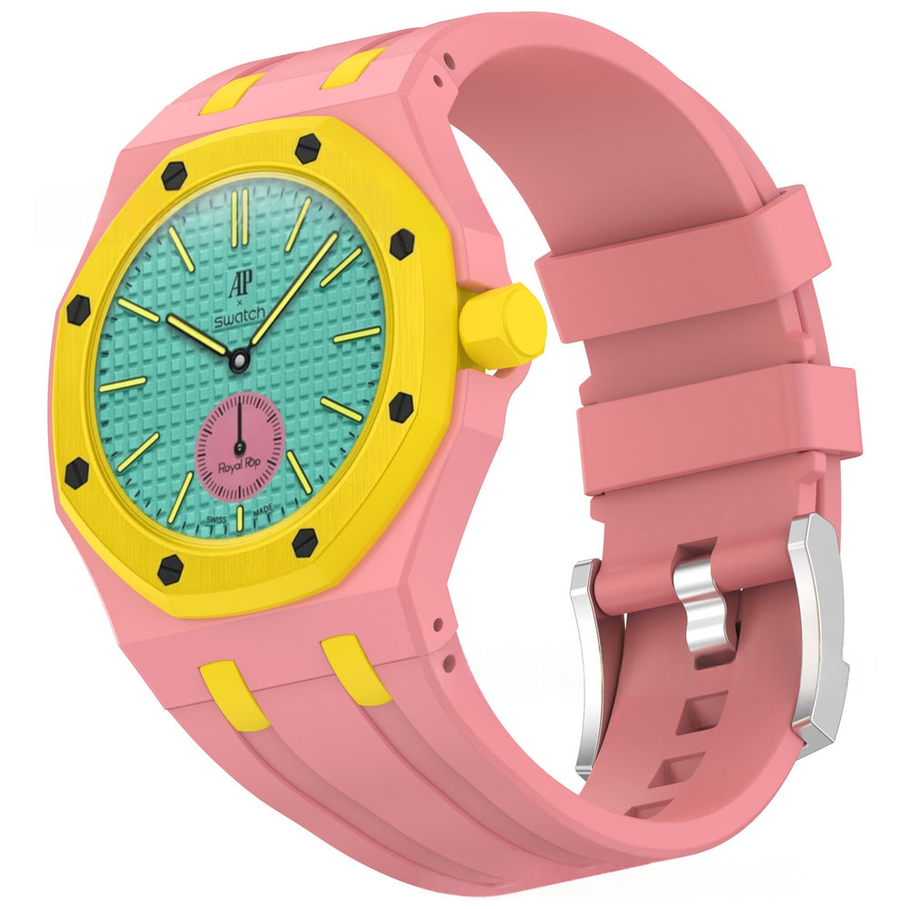 Pink yellow Swatch × AP Royal Oak Integrated Silicone Watch Strap | 8 Colours, 2 Crown Positions