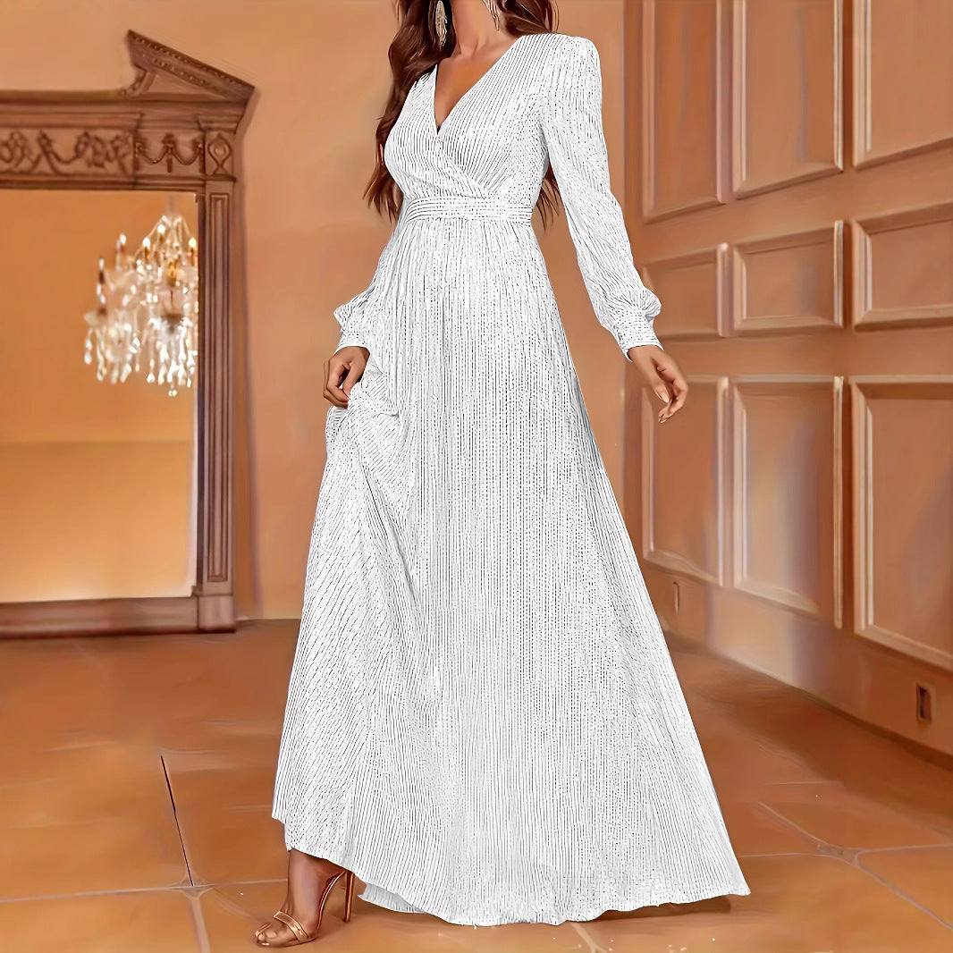 Elegant Dinner Sequined Long Sleeve V-neck High Waist Evening Dress EX-STOCK Canada