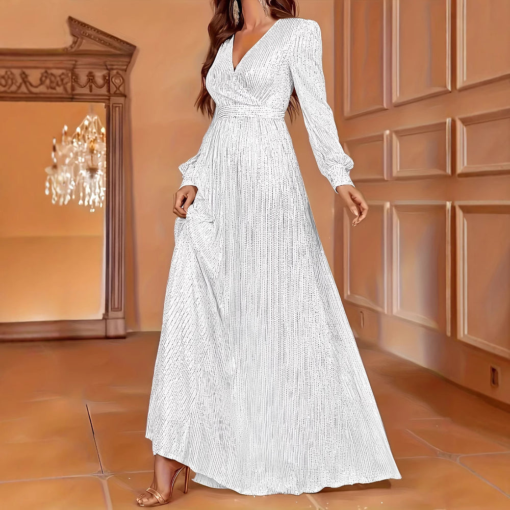 Elegant Dinner Sequined Long Sleeve V-neck High Waist Evening Dress EX-STOCK Canada