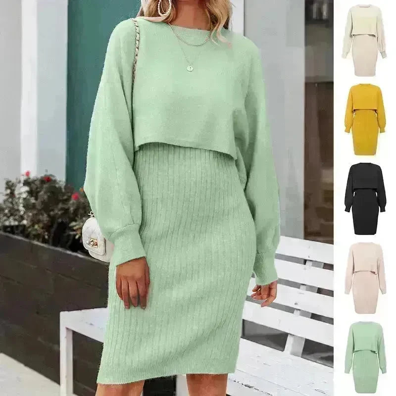 Women 2pcs Winter Outfit Cashmere dress Cropped Pullover top - EX-STOCK CANADA