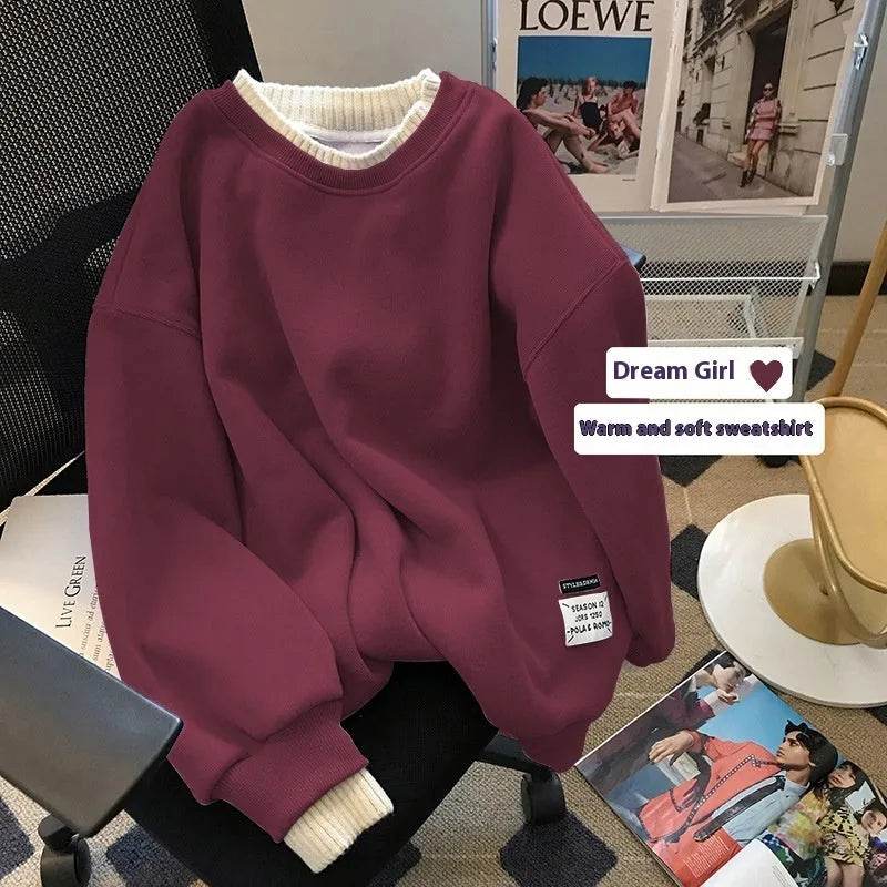 Women Round-neck With Fleece Lining Thick Fake Two Pieces Long Sleeve Loose Hoodie Sweatshirt - EX-STOCK Canada