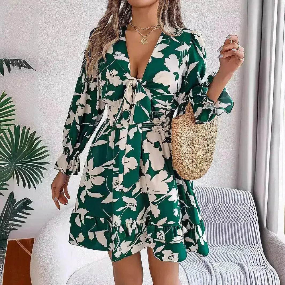 New Floral Printed V-Neck Long Sleeve Dress Fashion Ruffles Bowknot A-Line Short Mini Skater Dress Women's Clothing - EX-STOCK Canada