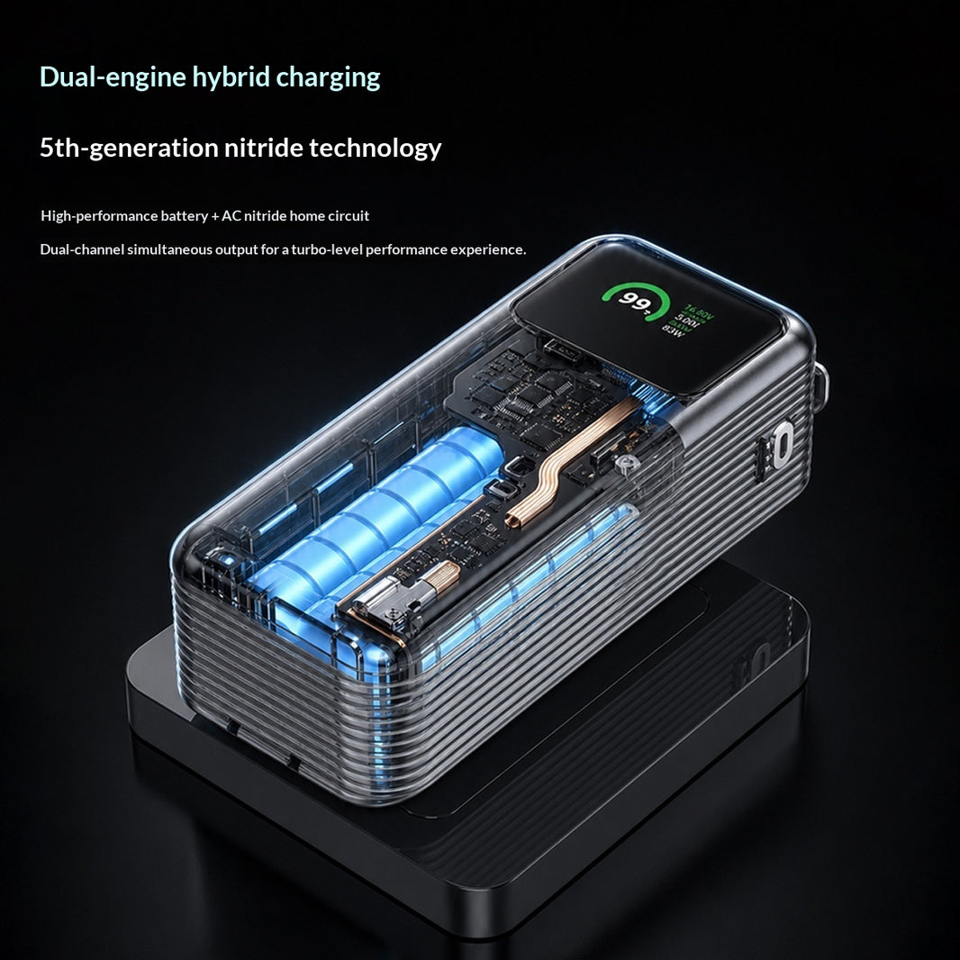 65W GaN 10000mAh Power Bank with AC Plug, Black & Grey