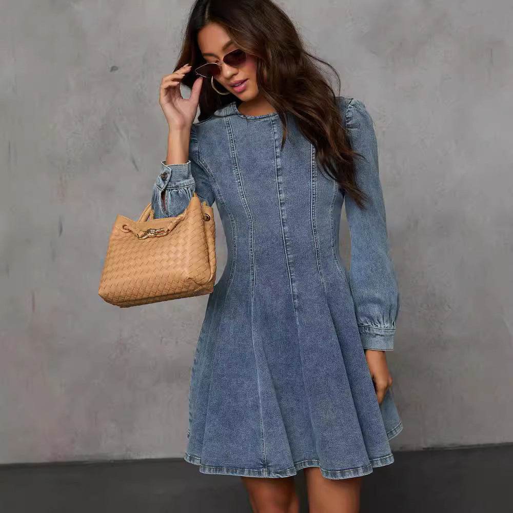 Elegant Patchwork Waist-slimming Women's Denim Long Sleeve Dress - EX-STOCK Canada