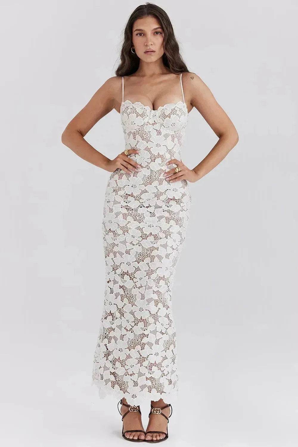 White Lace Wedding Dinner Party Cocktail Bodycon Spaghetti Strap Split Long Dress - EX-STOCK Canada