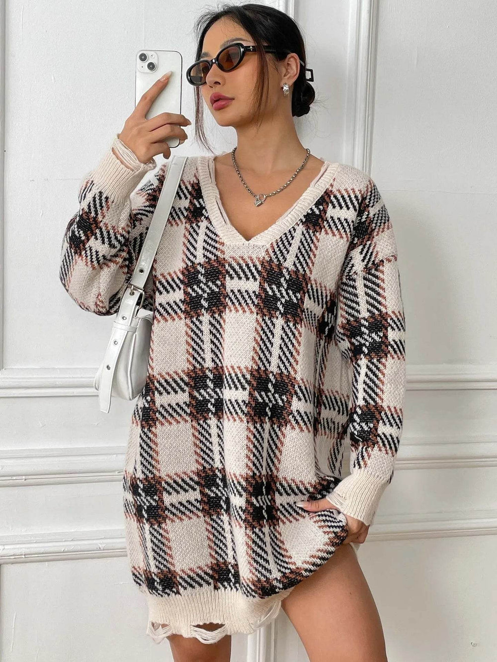 Deer Plush V-neck Long Sleeve Plaid Winter Jumper Mini dress - EX-STOCK Canada