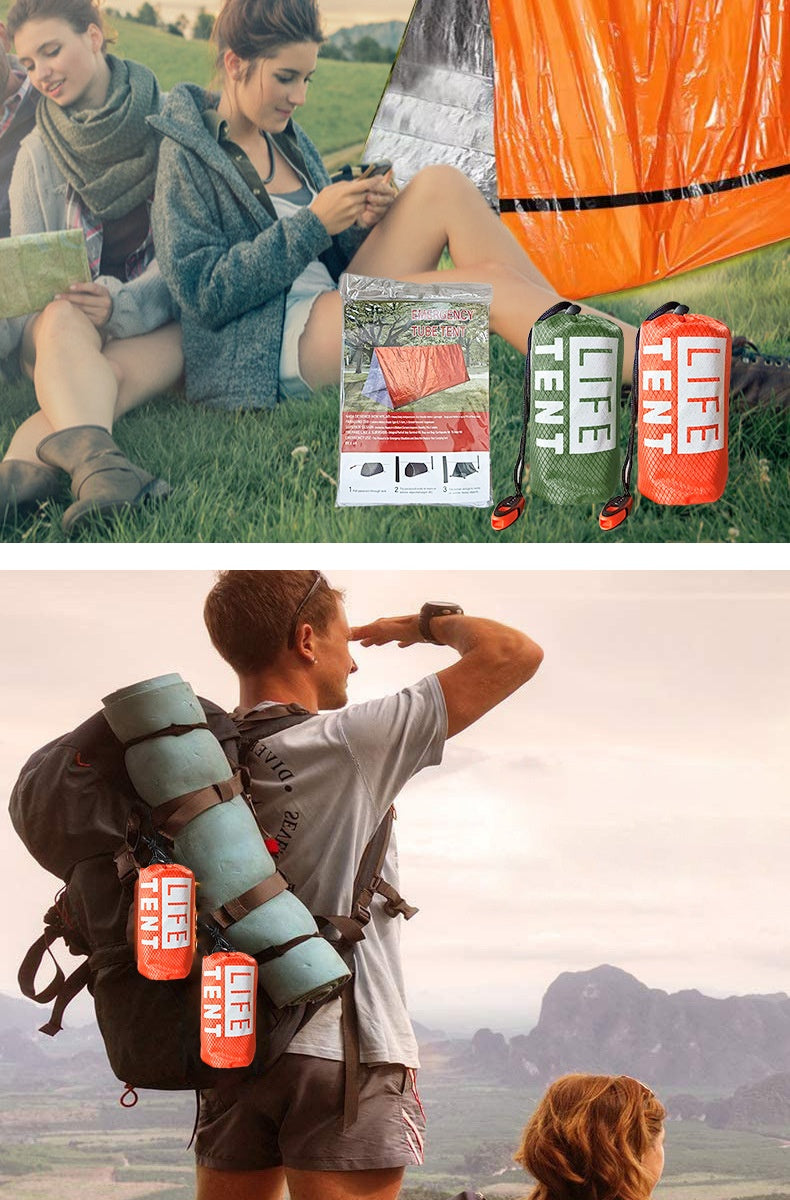 A collage showing outdoor camping use with two people: one sitting on grass using a tent and reading a book, and one hiking with a backpack, sleeping pad, and orange tent visible. The image also shows packaged camping gear and two cylindrical tent-related items labeled 'LIFE TENT' on a grassy outdoor setting.