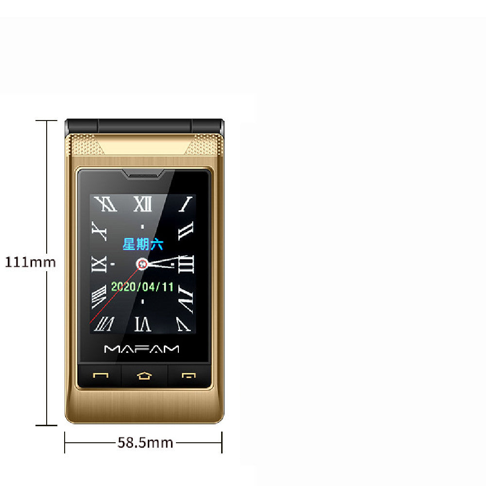 Gold electronic device with screen displaying time and date, dimensions indicated.