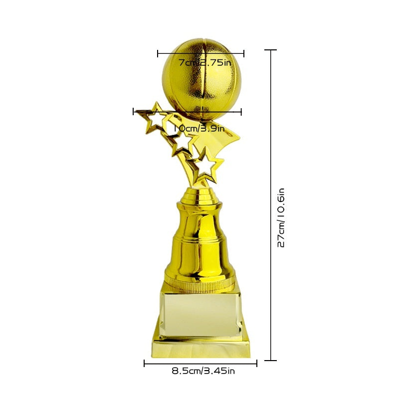 A shiny gold trophy with a round ball on top, star accents, and a tiered base, shown with measurement lines and labels indicating dimensions: 27cm total height, 7cm ball diameter, 10cm star width, and 8.5cm base width.