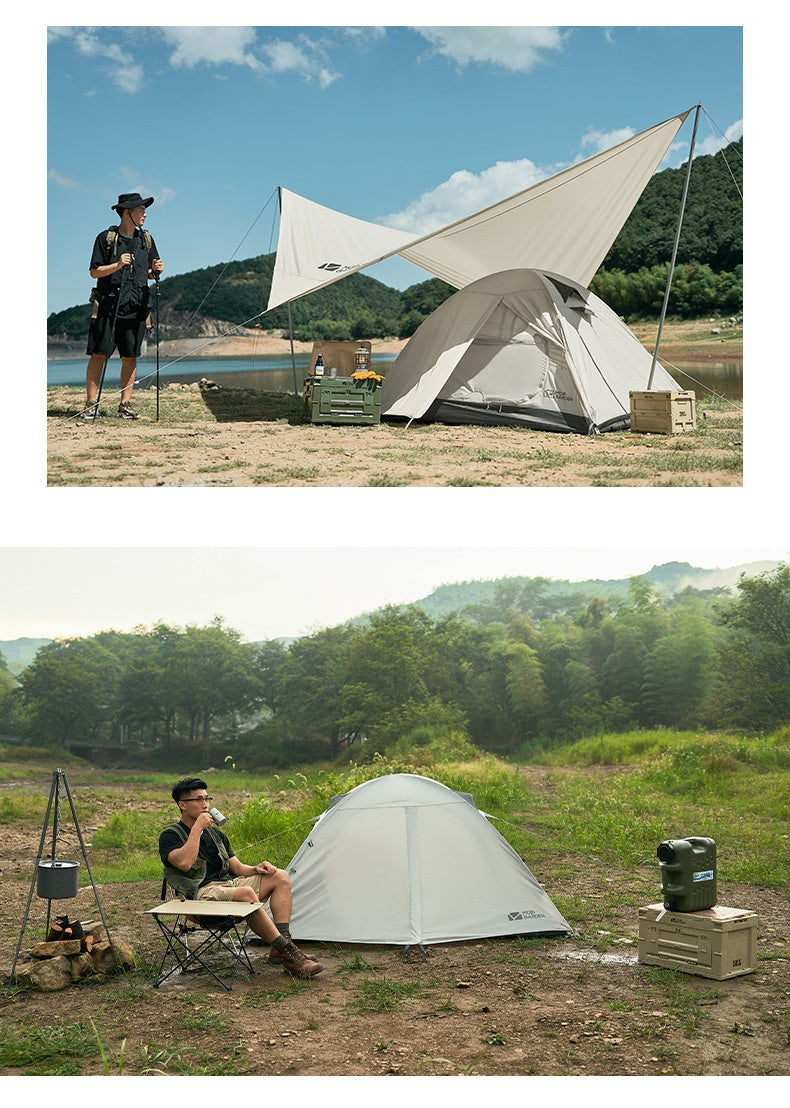A two-panel lifestyle image showcasing a camping setup. The top panel shows a man standing next to a white tarp and a gray dome tent pitched near a lake.
