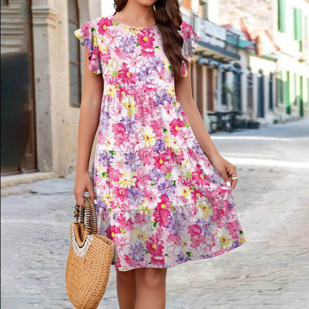 Ruffle Sleeve Dress Summer Loose Flower Print Beach Dresses Sweet