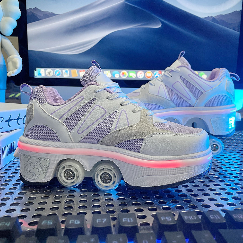 White sneakers with pink accents on a computer keyboard