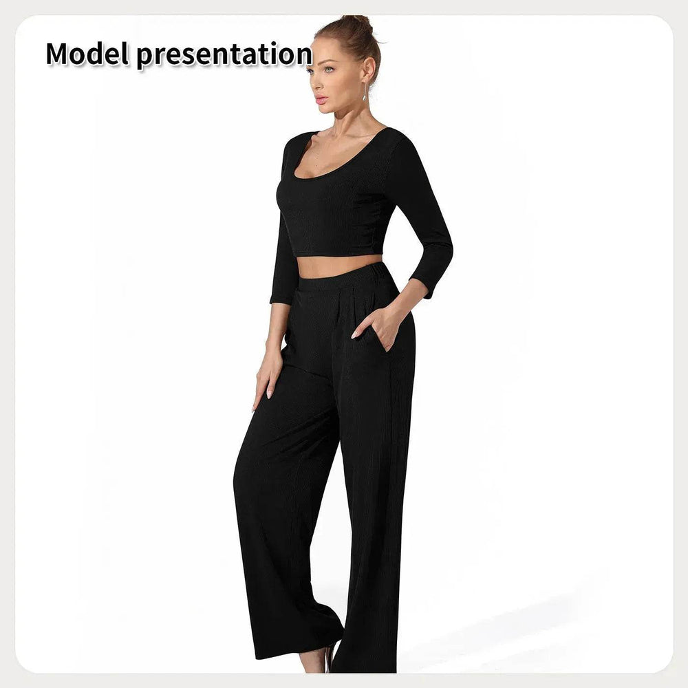 Women Fashion Casual Matching 2pcs set Long Sleeve Crop top and Pant set - EX-STOCK Canada