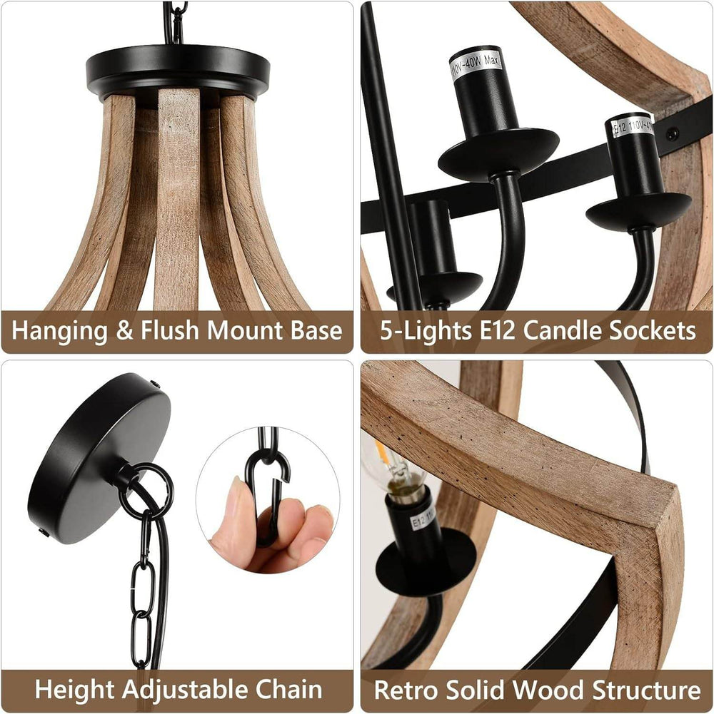 Solid Wood Modern Chandelier For Dining Room, Living Room, Kitchen, Island, Bedroom, Foyer, Height Adjustable, Brown - EX-STOCK Canada