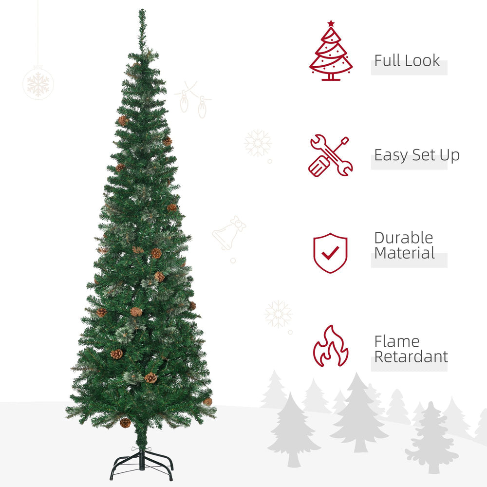 6.5ft Pencil Christmas Tree, Artificial Christmas With Pine Needles, Realistic Branches, Pine Cones, Metal Base, Green EX-STOCK Canada