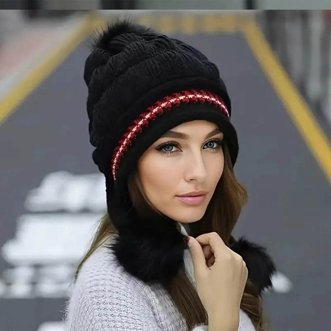 Women Cozy Knit Fleece-Feel Beanie With Ear Flaps Winter Hat Perfect For Skiing & Outdoor Activities - EX-STOCK CANADA