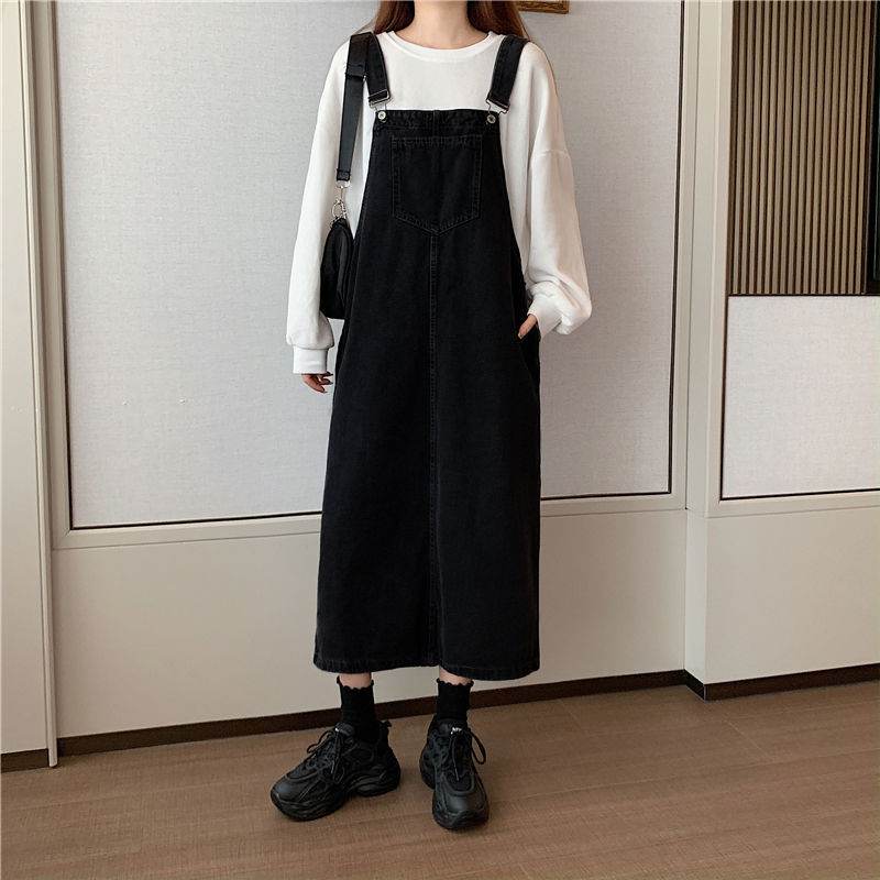 Student Denim Shoulder Strap Spring And Autumn Plus Size Mid-length Sling Black Denim Jumper Dress - EX-STOCK Canada