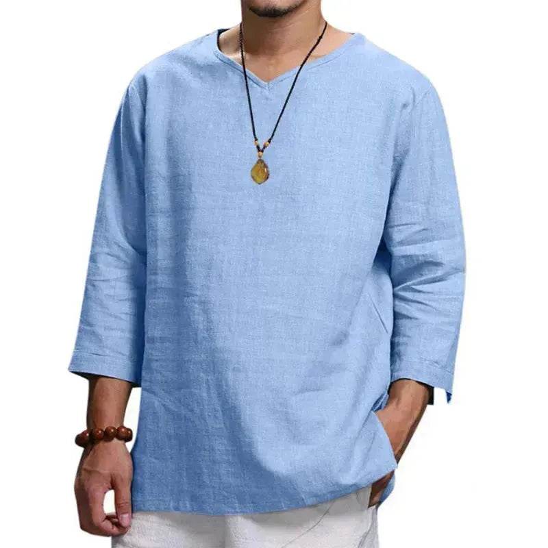 Loose Casual V-neck Top Cotton And Linen Long Sleeve Pullover Shirt Men's Shirt Top - EX-STOCK Canada
