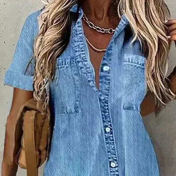 Best Women Loose Denim-like Printed Short-sleeved Shirt Jeans Denim Shirt dress Denim Top dress - EX-STOCK Canada