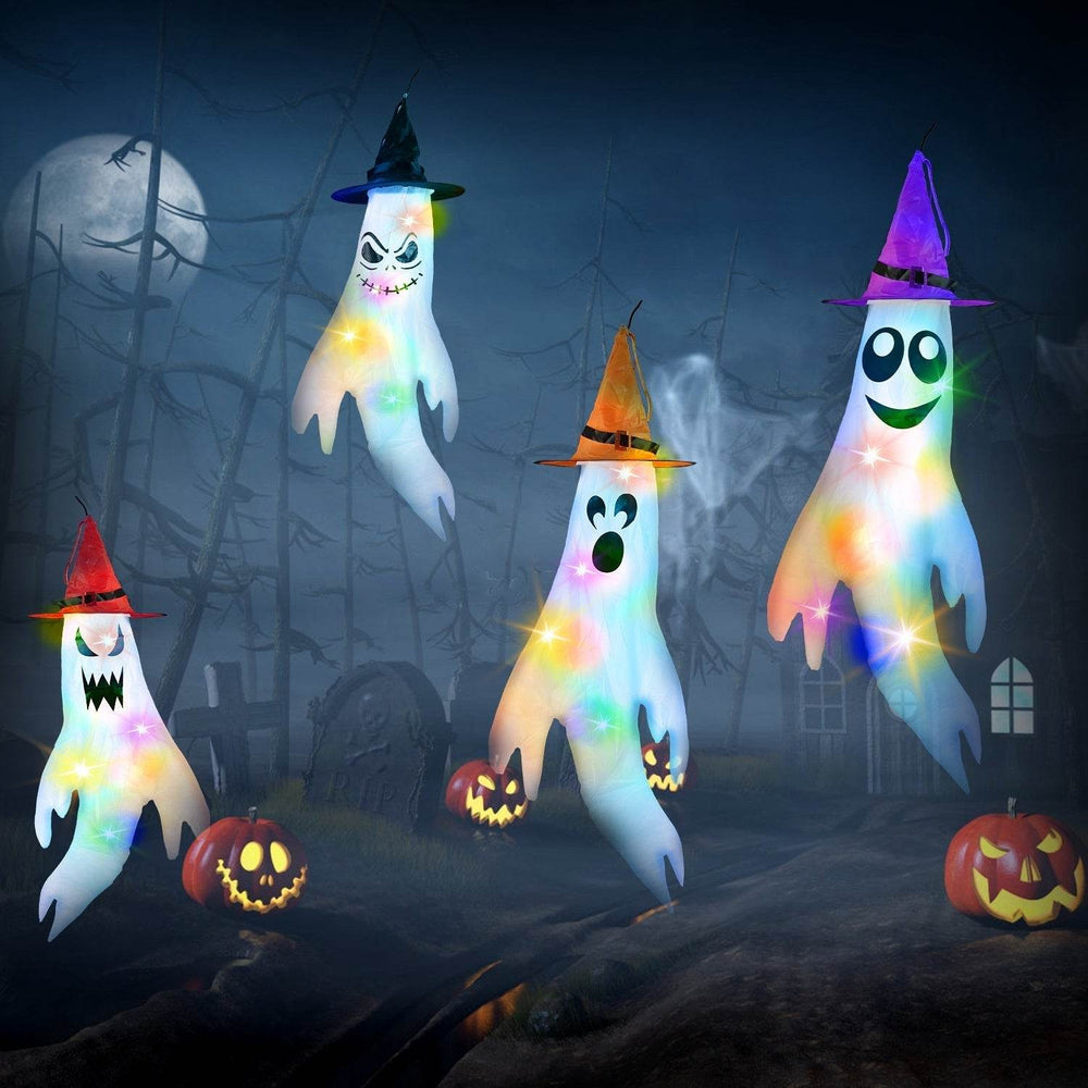 4Pcs Per Set Halloween Ghosts With Witch Hats Windsocks Hanging Decoration With Colorful LED Light Outdoor Flag Wind Socks Halloween Party Decoration For Yard Garden Tree - EX-STOCK Canada