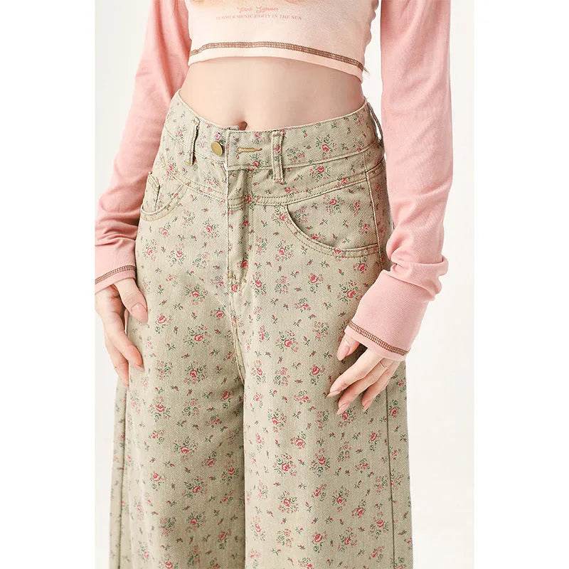 Mint Mambo Green Floral Baggy Jeans Pant For Women - EX-STOCK Canada