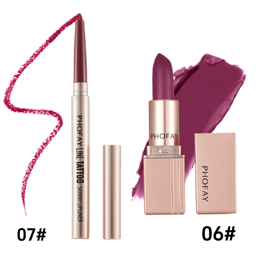 PHOFAY lip products including a lipstick, lip liner, and color swatch on a white background.