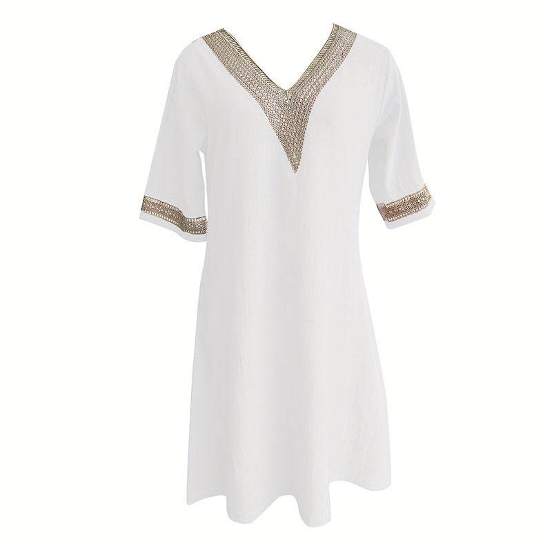 Women's Chic Guipure Lace V-Neck Tunic Dress Knee-Length, Hollow Detail,All-Season Dress - EX-STOCK Canada