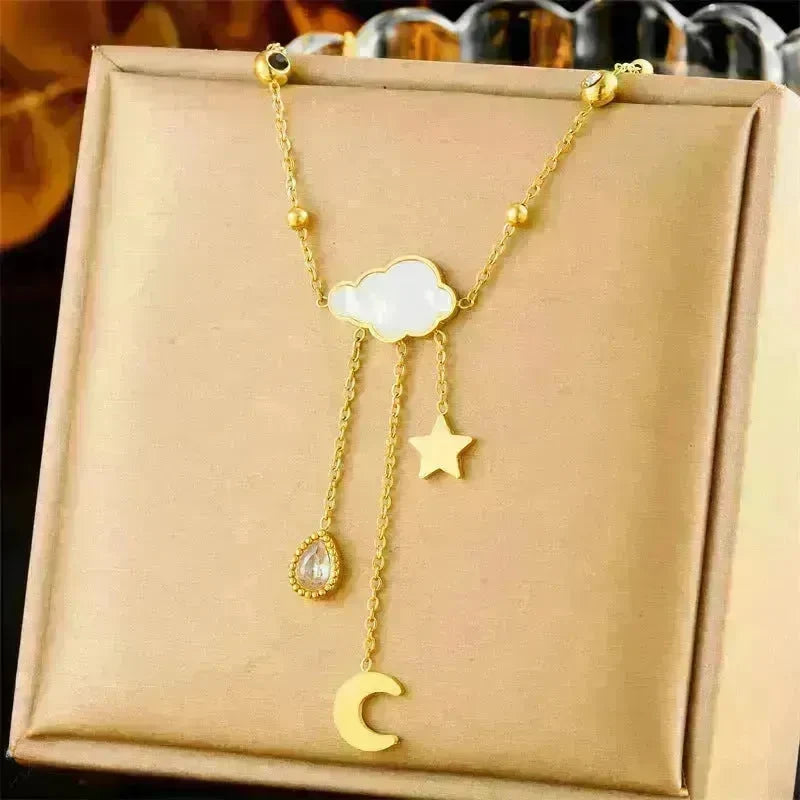 White Shell Cloud Star Moon Long Fringe Water Drop Fashion Necklace - EX-STOCK CANADA