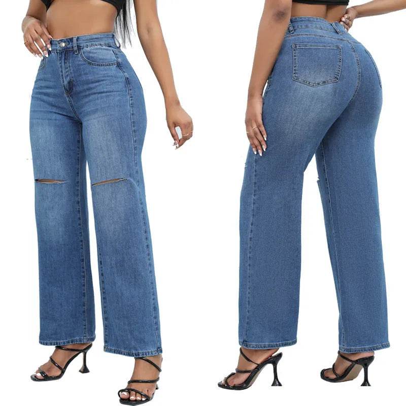 Elegant Ripped Wide-leg Baggy Jeans Pant Women - EX-STOCK Canada