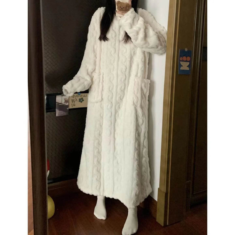 Winter Coral Fleece Sleepwear Women's Nightgown Long Night Dress Pajamas With Pockets Thickened Jacquard Dress Warm Home Clothes - EX-STOCK Canada