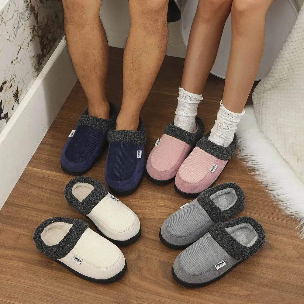 Fashion Solid Striped Cotton Slippers Winter Warm Indoor Bedroom Floor Slipper For Couples Non-slip Thick Sole House Shoes - EX-STOCK Canada