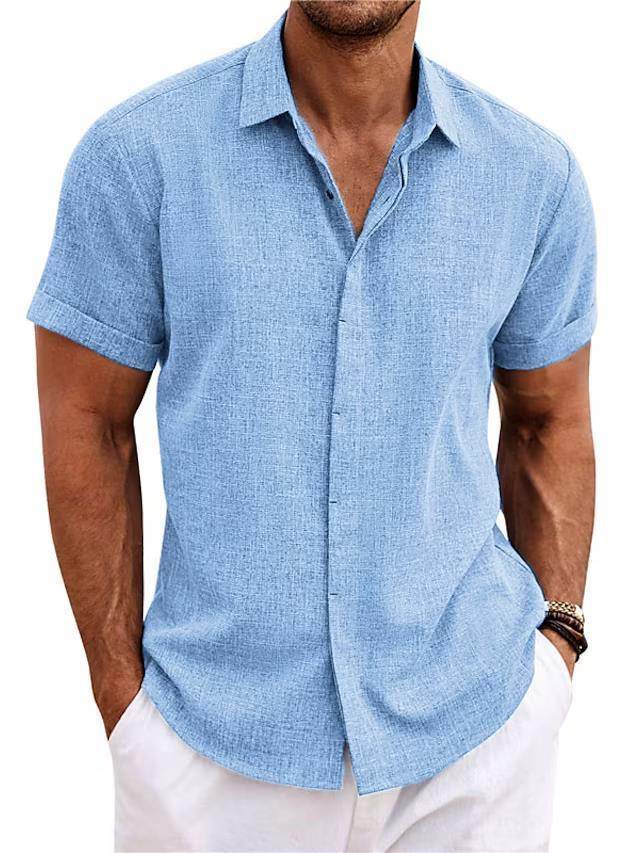 Men's Solid Color Loose Linen Short-sleeved shirt - EX-STOCK Canada