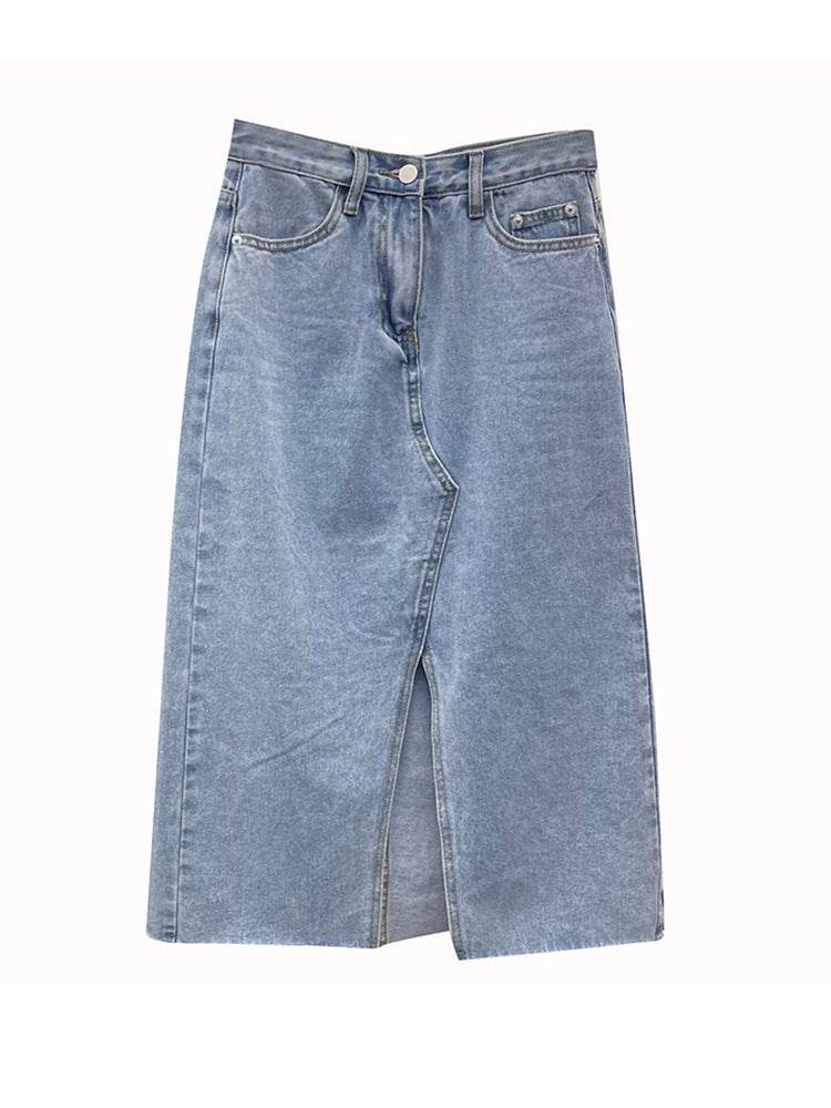 Casual Front Slit Dark Blue and Light Blue Denim Midi Skirt for women - EX-STOCK Canada