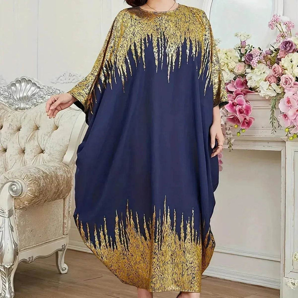 Fashion Embellish Fancy Abaya Middle East Print Color Contrast Patchwork Bat Sleeve Width Loose Summer Long Sleeve Dress - EX-STOCK Canada