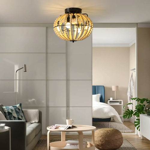 Beaded Fan Lamp Wooden Beaded Chandelier Oak White - EX-STOCK Canada