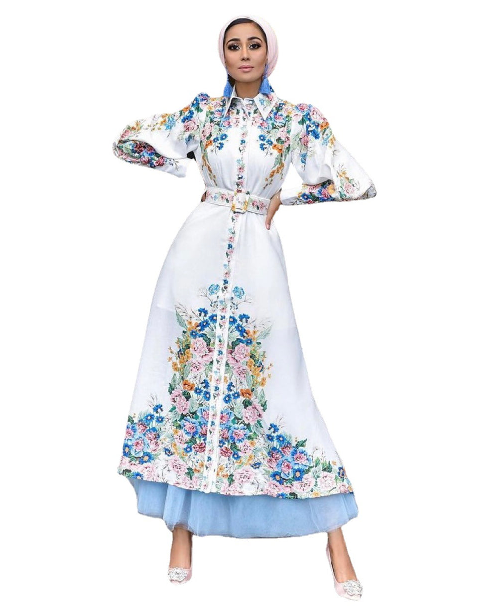 Mode Puffärmel Reversrobe Arabisches Damenkleid mit digitalem Druck, mittlerer Taille, lang EX-STOCK Canada