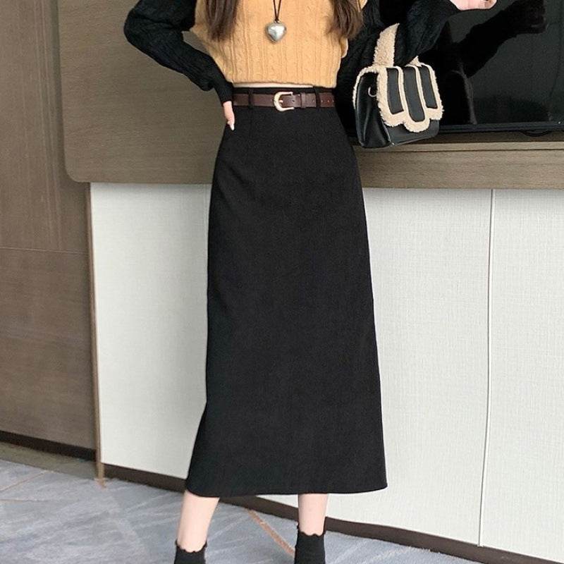 French-style Back slit High waist Midi Corduroy pencil Skirt for women - EX-STOCK Canada