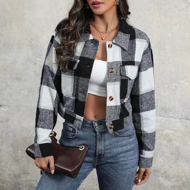 Fashion Oversized Plaid Lapel Cropped Jacket outwear top for women - EX-STOCK Canada