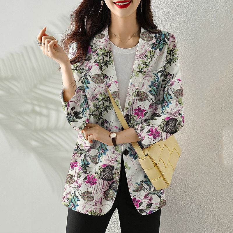 Women's Button Printed Long-sleeved Pocket Vintage Cotton And Linen jacket Blazer - EX-STOCK Canada